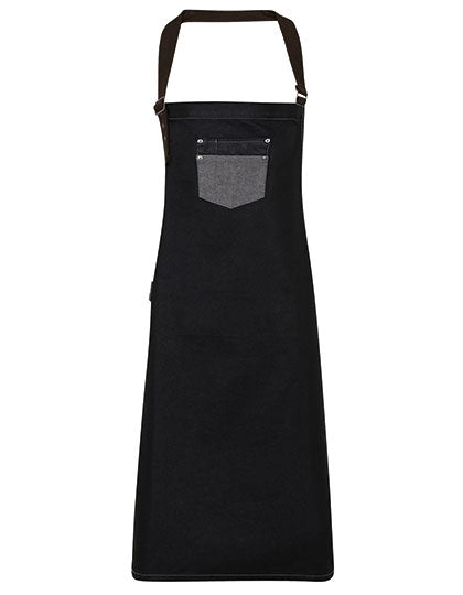 Division Waxed Look Denim Bib Apron With Faux Leather - Black Denim