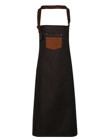 Division Waxed Look Denim Bib Apron With Faux Leather - Black/Tan Denim
