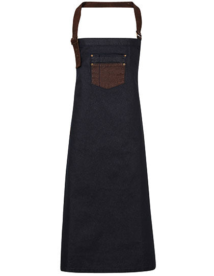 Division Waxed Look Denim Bib Apron With Faux Leather - Indigo Denim