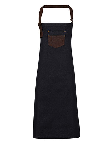Division Waxed Look Denim Bib Apron With Faux Leather - Indigo/Brown Denim