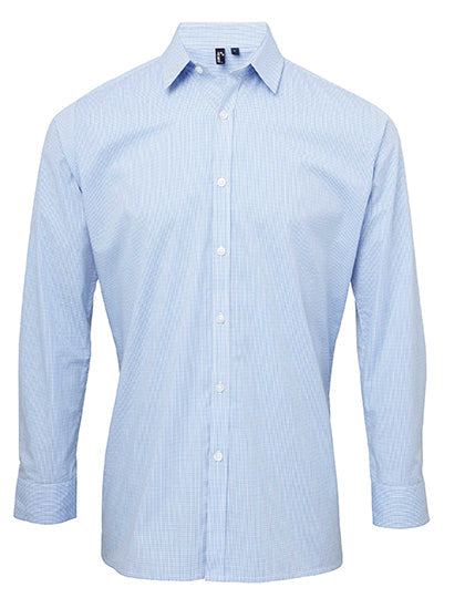 Men´s Microcheck (Gingham) Long Sleeve Cotton Shirt - Light Blue/White