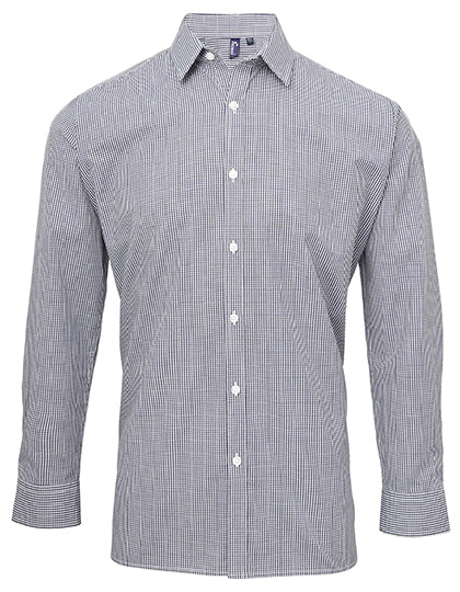 Men´s Microcheck (Gingham) Long Sleeve Cotton Shirt - Navy/White