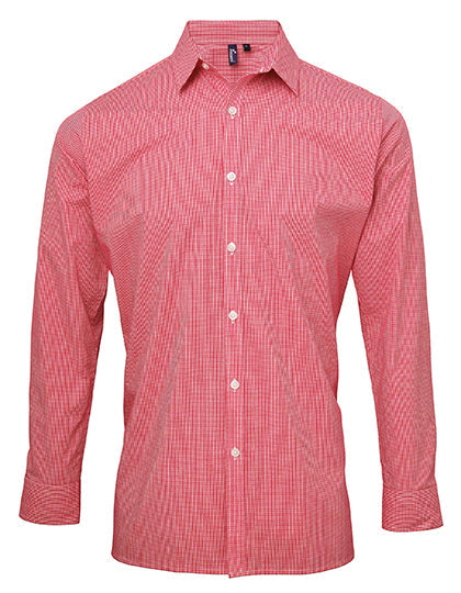 Men´s Microcheck (Gingham) Long Sleeve Cotton Shirt - Red/White