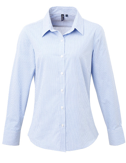 Women´s Microcheck (Gingham) Long Sleeve Cotton Shirt - Light Blue/White