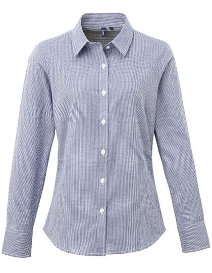 Women´s Microcheck (Gingham) Long Sleeve Cotton Shirt - Navy/White