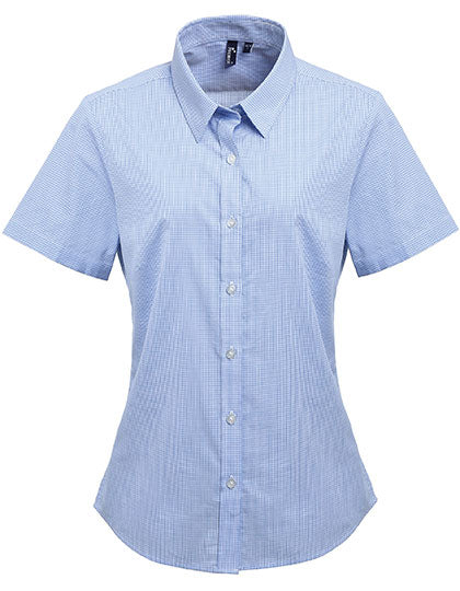 Women´s Microcheck (Gingham) Short Sleeve Cotton Shirt - Light Blue/White